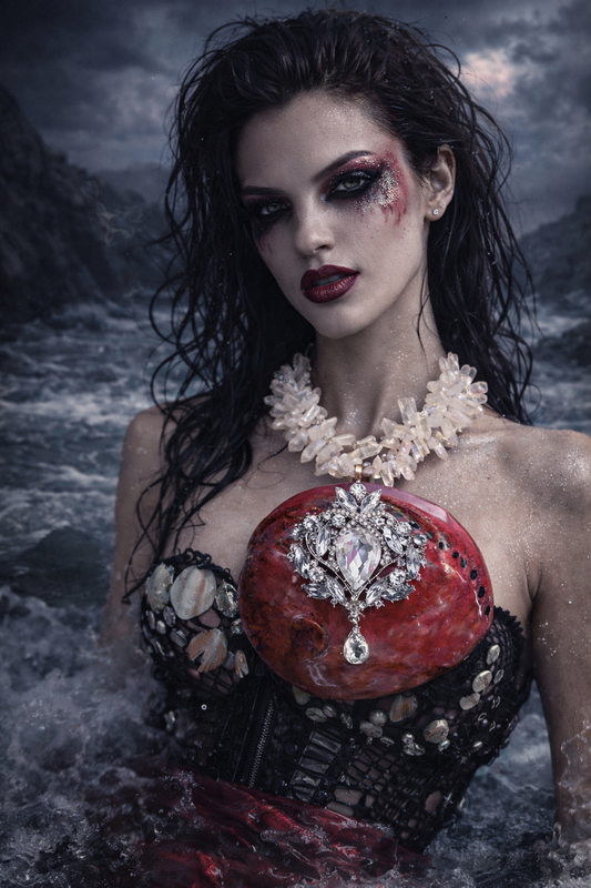 Red Abalone Shell & Rhinestone Jewel - Angel Aura Branch Quartz Choker