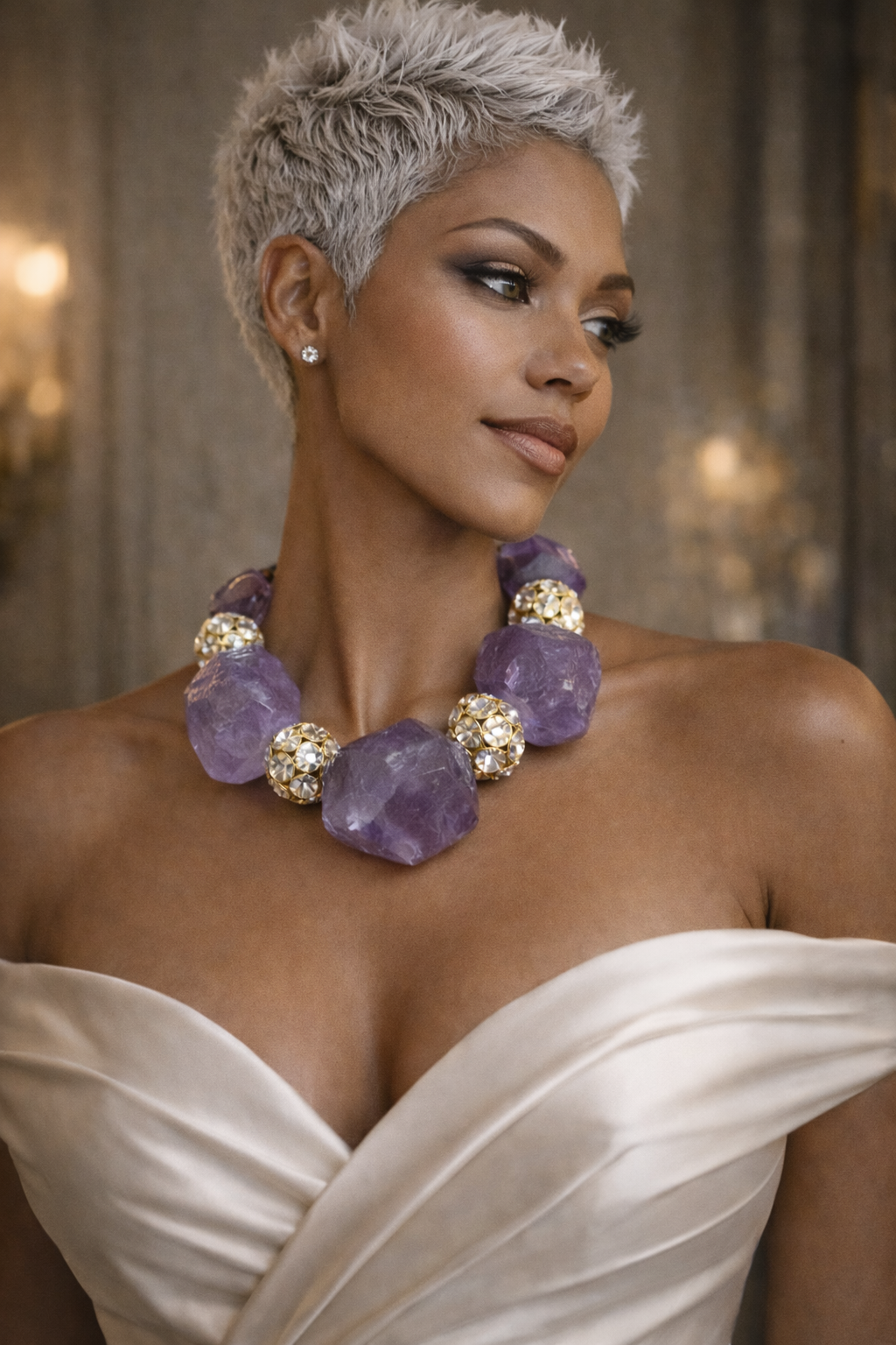 Amethyst Boulder & Rhinestone Statement Choker - Dramatic