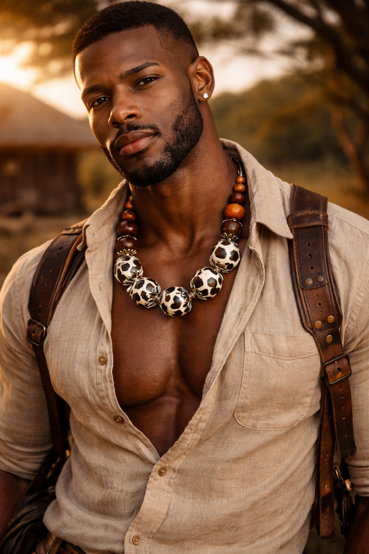 Giraffe Animal Print Tribal Bead Layering Choker - Bold Chunky Drama