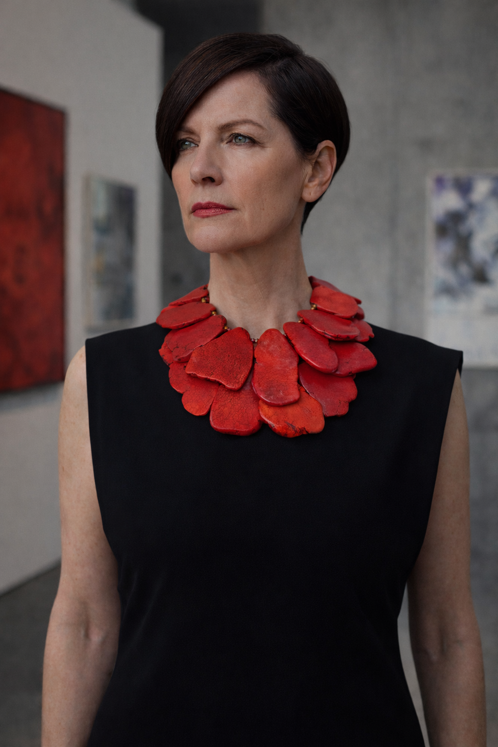 Red Orange Sea Sediment Oversized Slab Multi Strand Statement Necklace