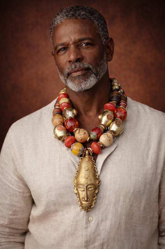 Exclusive Oversized Beaded Tribal Statement Necklace with African Mask