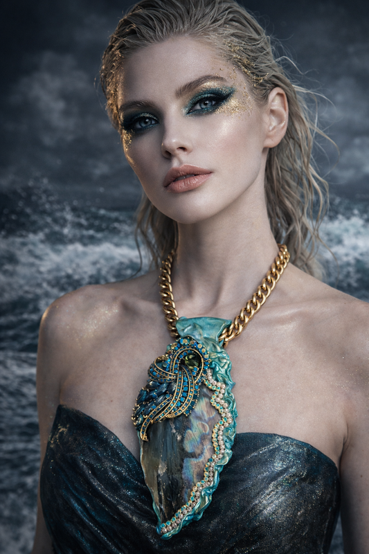 Sculpted Labradorite Pendant with Ornate Rhinestone Jewel - Bold Chain