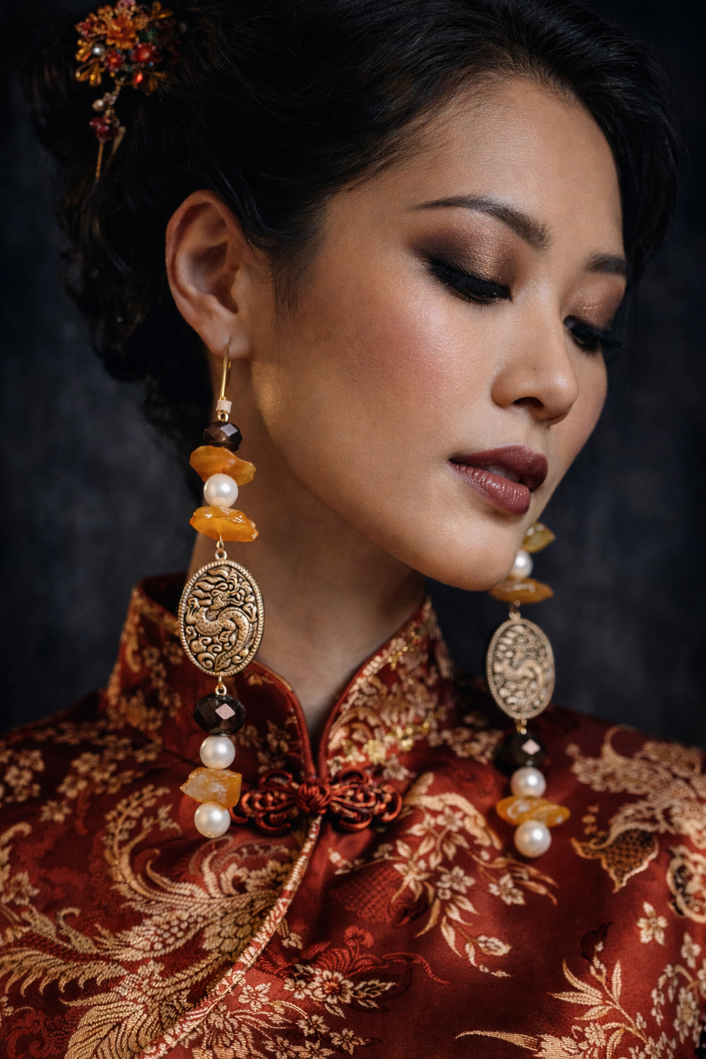 Exotic Faux Pearl, Rough Carnelian & Tribal Dragon Shoulder Dusters