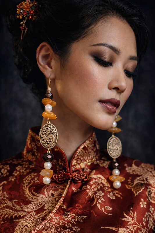 Exotic Faux Pearl, Rough Carnelian & Tribal Dragon Shoulder Dusters