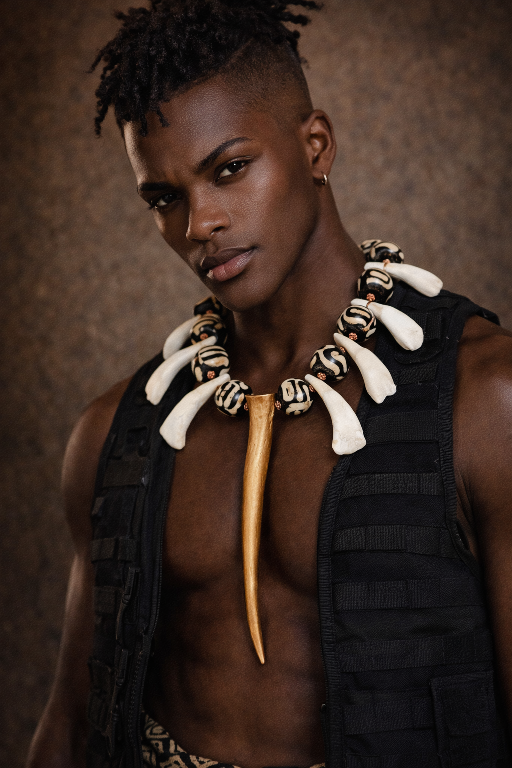Antler Bone Teeth & Wood Exotic Ethnic Unisex Chest Piece - Warrior