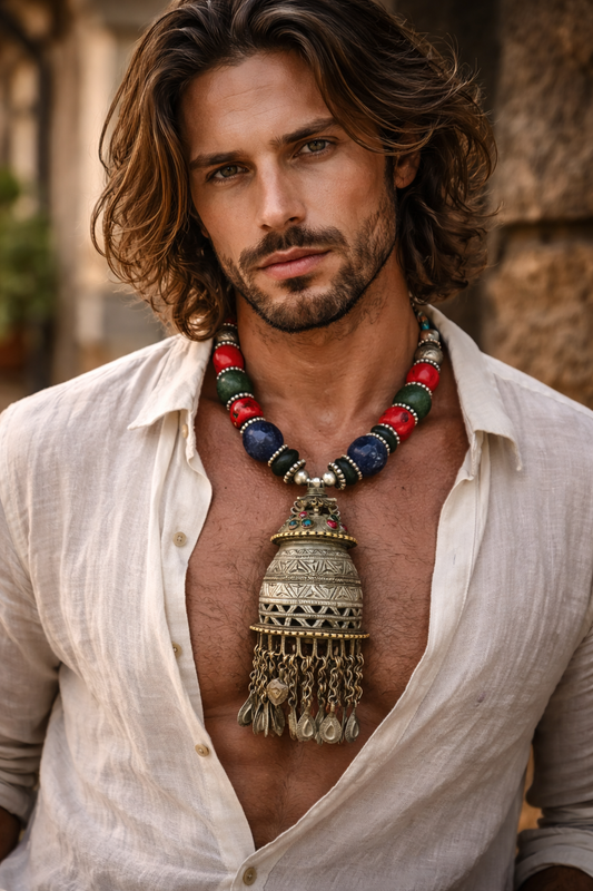 Kuchi or Waziri Tribal Pendant on a Chunky Colorful Bead Necklace