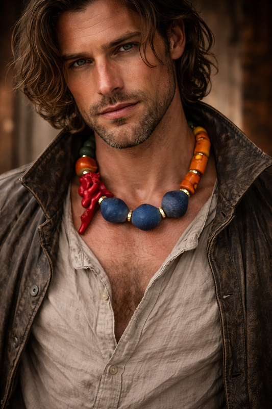 Coral & Glass Beaded Oversized Choker - Chunky Bold Dramatic