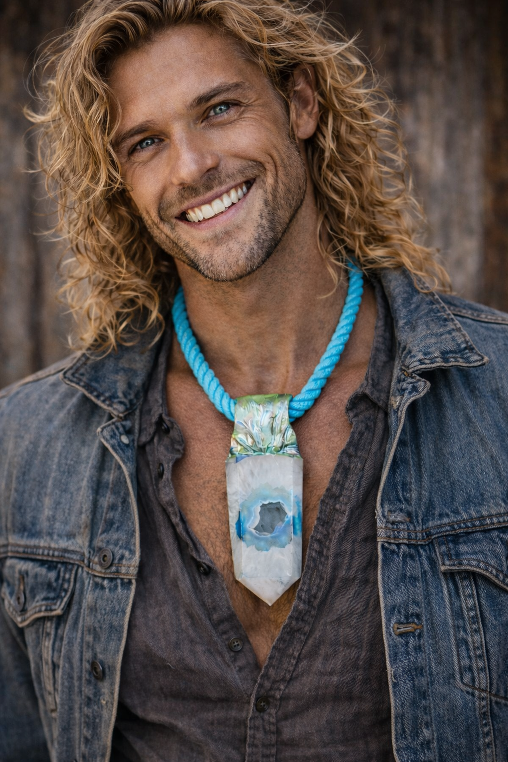 Blue & White Crystal Agate Druzy Tower Pendant with Turquoise Rope