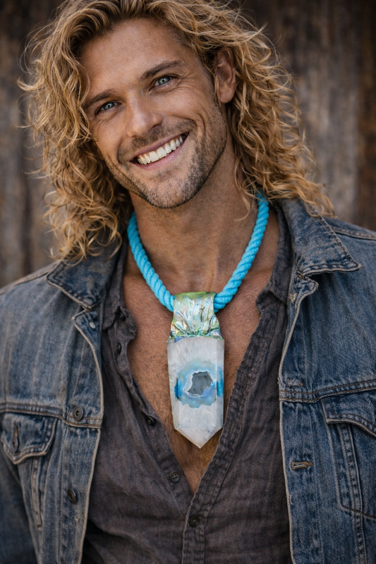 Blue & White Crystal Agate Druzy Tower Pendant with Turquoise Rope