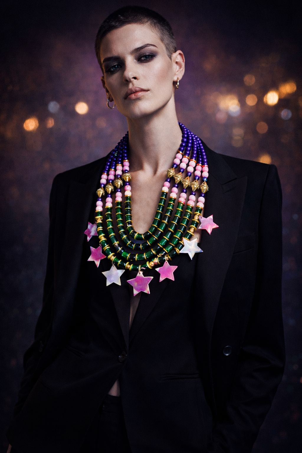 Purple Pink Green & Gold Beaded Chest Piece - Agate Stars