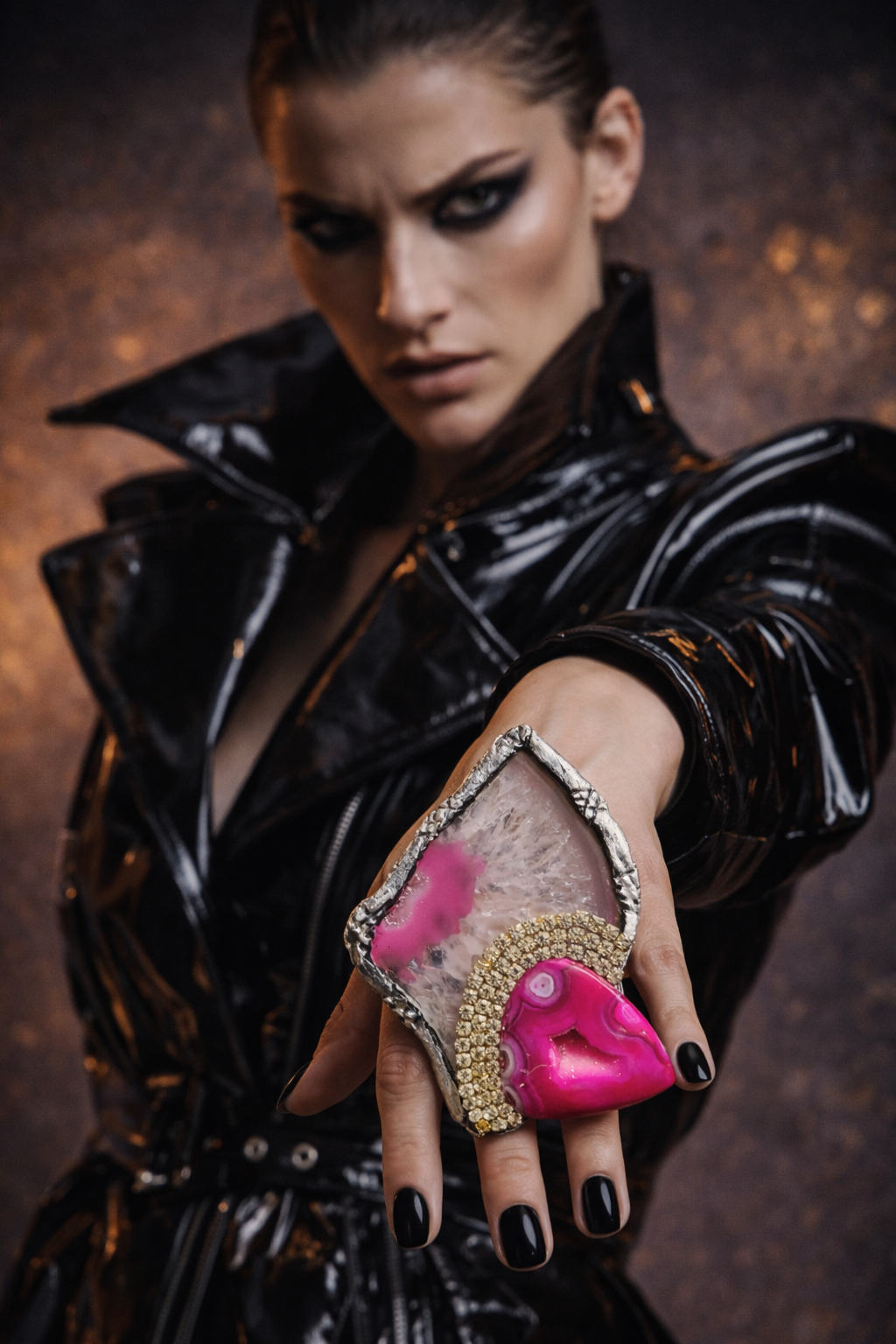 Hot Pink Druzy Agate & Rhinestone Sculpted Statement Ring - Sexy