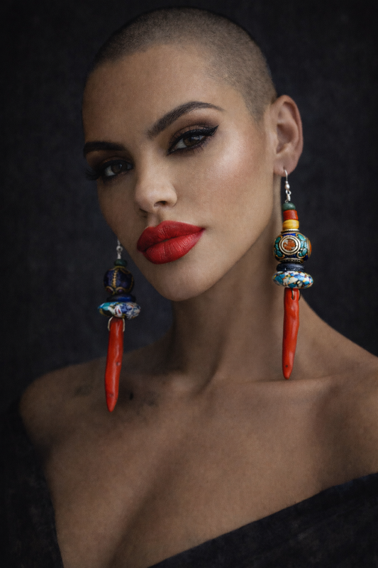 Red Branch Coral & Mixed Tribal Bead Long Pierced Statement Earrings