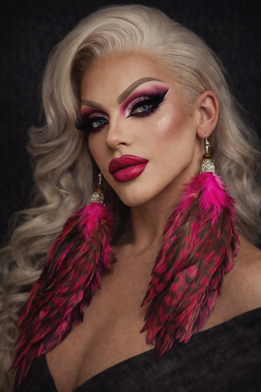 Fuchsia & Black Rooster Feather Long Pierced Statement Earrings