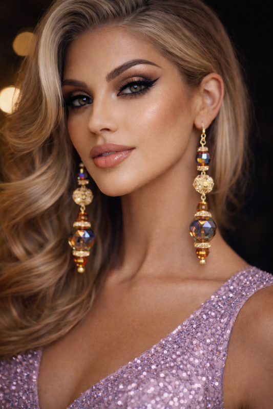 Purple Crystal & Rhinestone Formal Shoulder Duster Statement Earrings