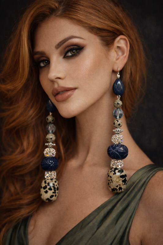 Dalmatian Jasper & Blue Sapphire Long Pierced Statement Earrings   Gem