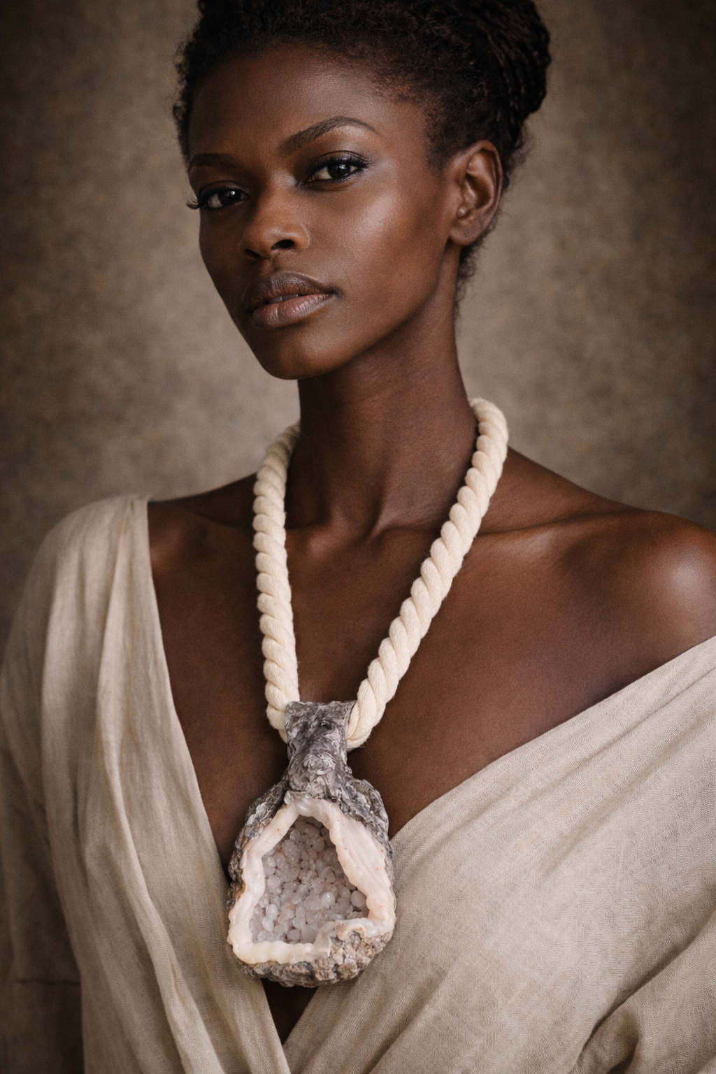 Sculpted Geode Gemstone Pendant With Thick Rope -  Crystal Cave