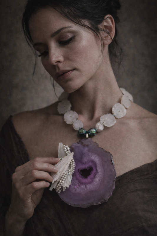 Purple Druzy Agate Scolecite & Rhinestone Chest Piece Necklace - OOAK