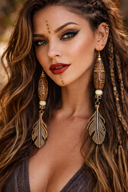 Exotic Tribal Dzi Bead Shoulder Duster Earrings - Copper Leaves