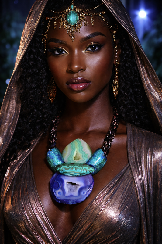 Druzy Agate & Malachite Sculpted Unisex Chest Piece With Metallic Rope