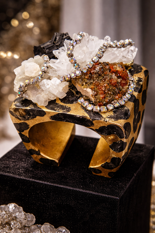 Oversized Gold Metallic Leopard Cuff & Gemstones - Art to Wear Bangle