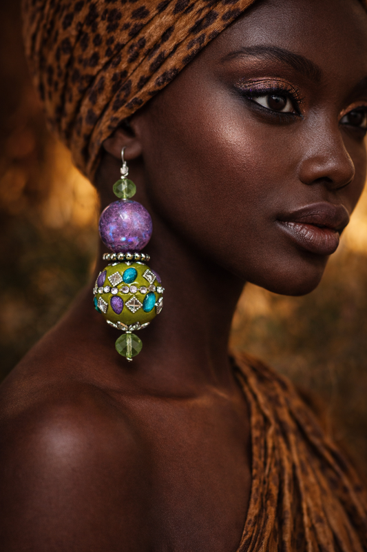 Purple & Olivine Exotic Ornate Beaded Dangle Pierced Earrings - OOAK