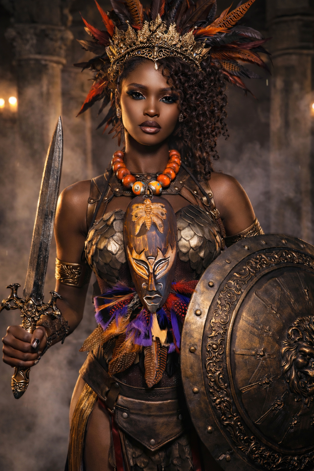 Carved Balinese Wood Mask With Feathers Chest Piece - Moroccan Resin