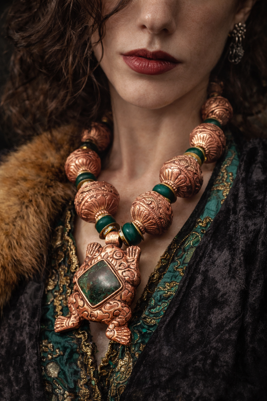 Tibetan Copper Repousse & Emerald  Beaded Statement Necklace - Frog