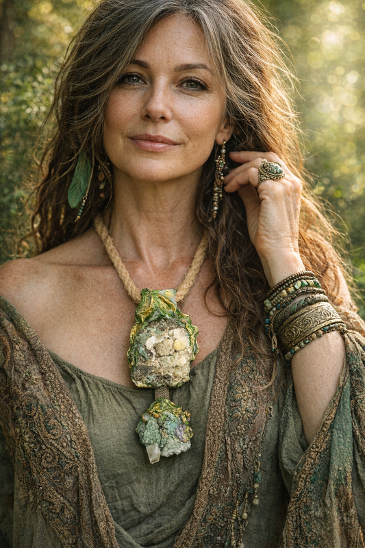 Green Apophyllite Crystal Double Stone Pendant - Jute Rope