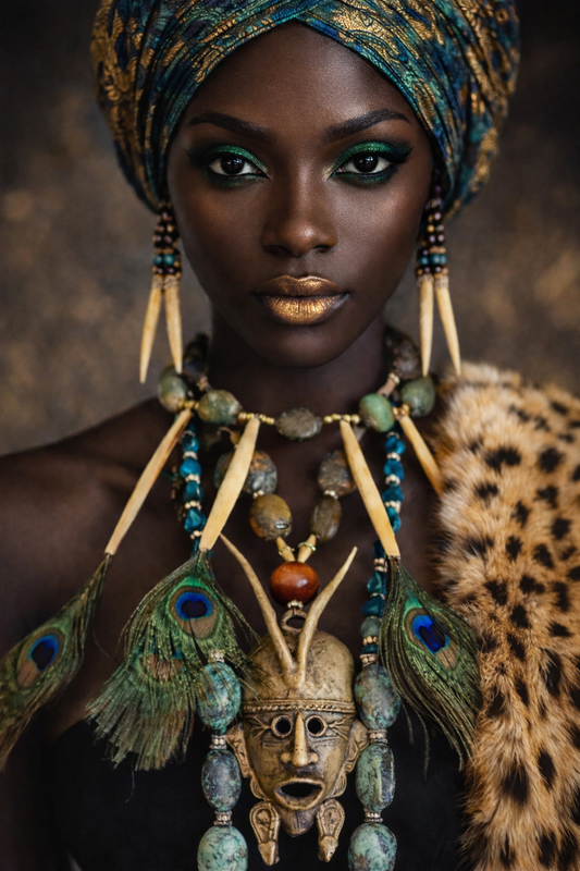 African Brass Mask Peacock Feather & Turquoise Unisex Chest Piece