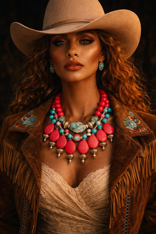 Red Teardrop Dangle Southwestern Style Luxury Necklace Set - OOAK