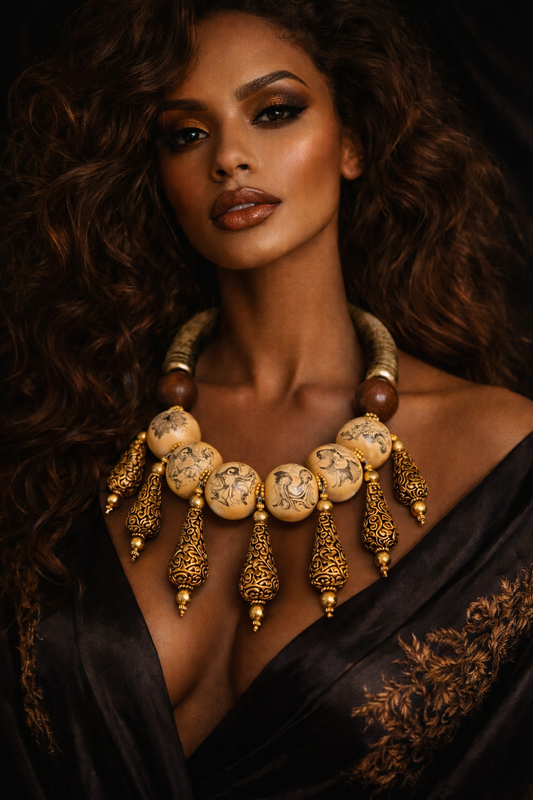 Earthy Erotic Kama Sutra Faux Scrimshaw Beaded Tribal Luxury Necklace