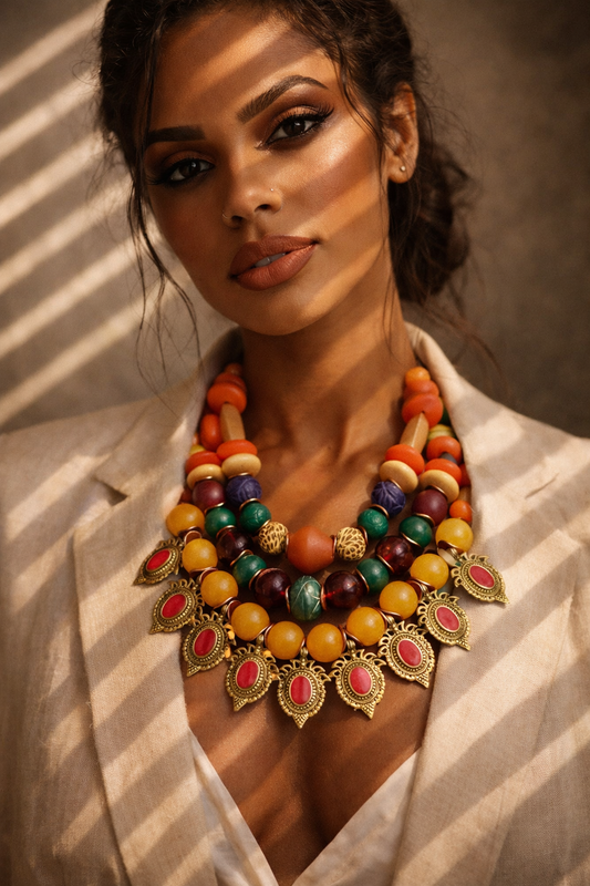 Mixed Media Multi Strand Orange Gold & Red Tribal Luxury Necklace