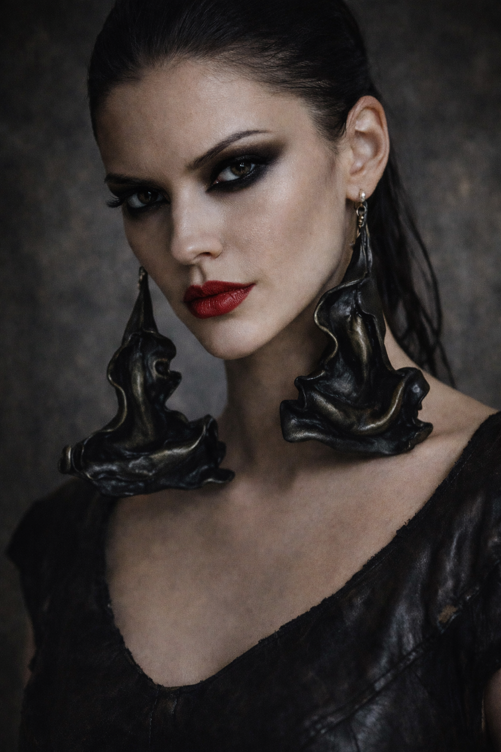 Avant Garde Faux Bronze Sculpted Architectural Pierced Earrings - OOAK