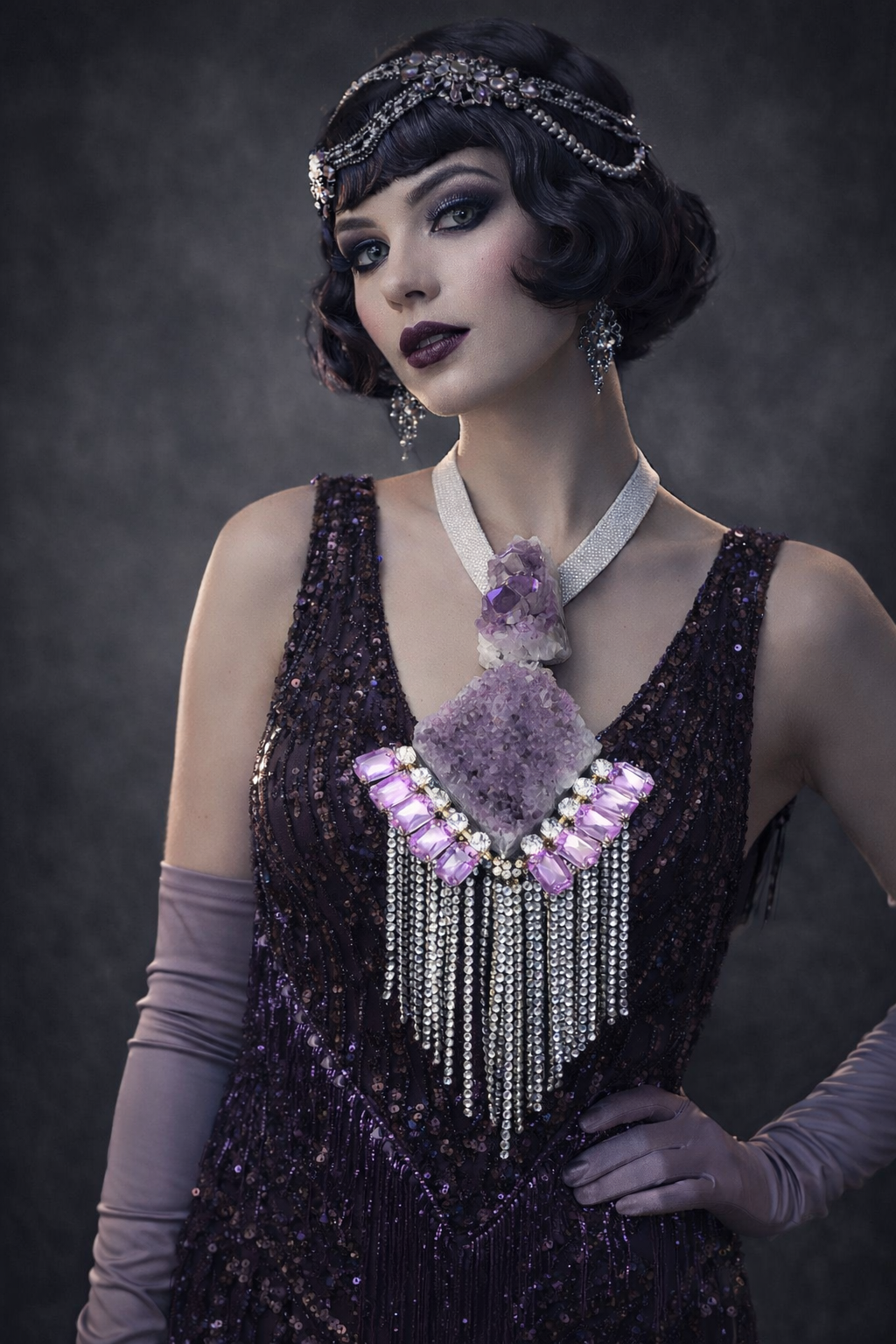 Rough Amethyst & Rhinestone Fringe Art Deco Revival Chest Piece