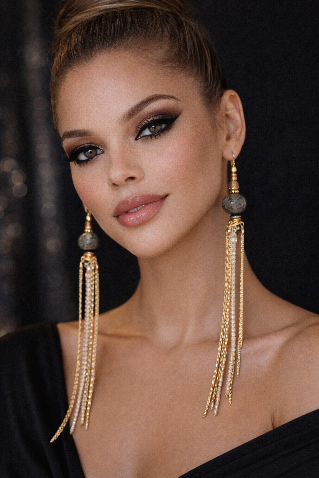 Rough Black Lava & Multi Chain Super Long Pierced Earrings - Rich Posh