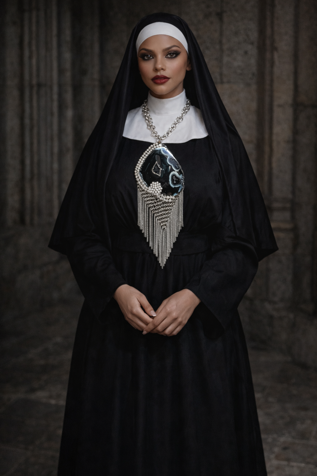 Black & White Agate Rhinestone Oversized Statement Pendant - Chainmail