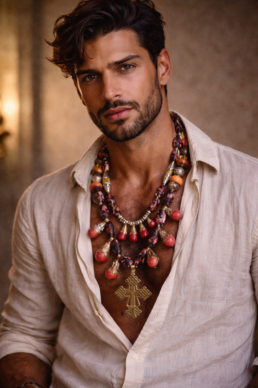 Tibetan Tribal Beaded Necklace Set - Exotic Unisex Statement Bib