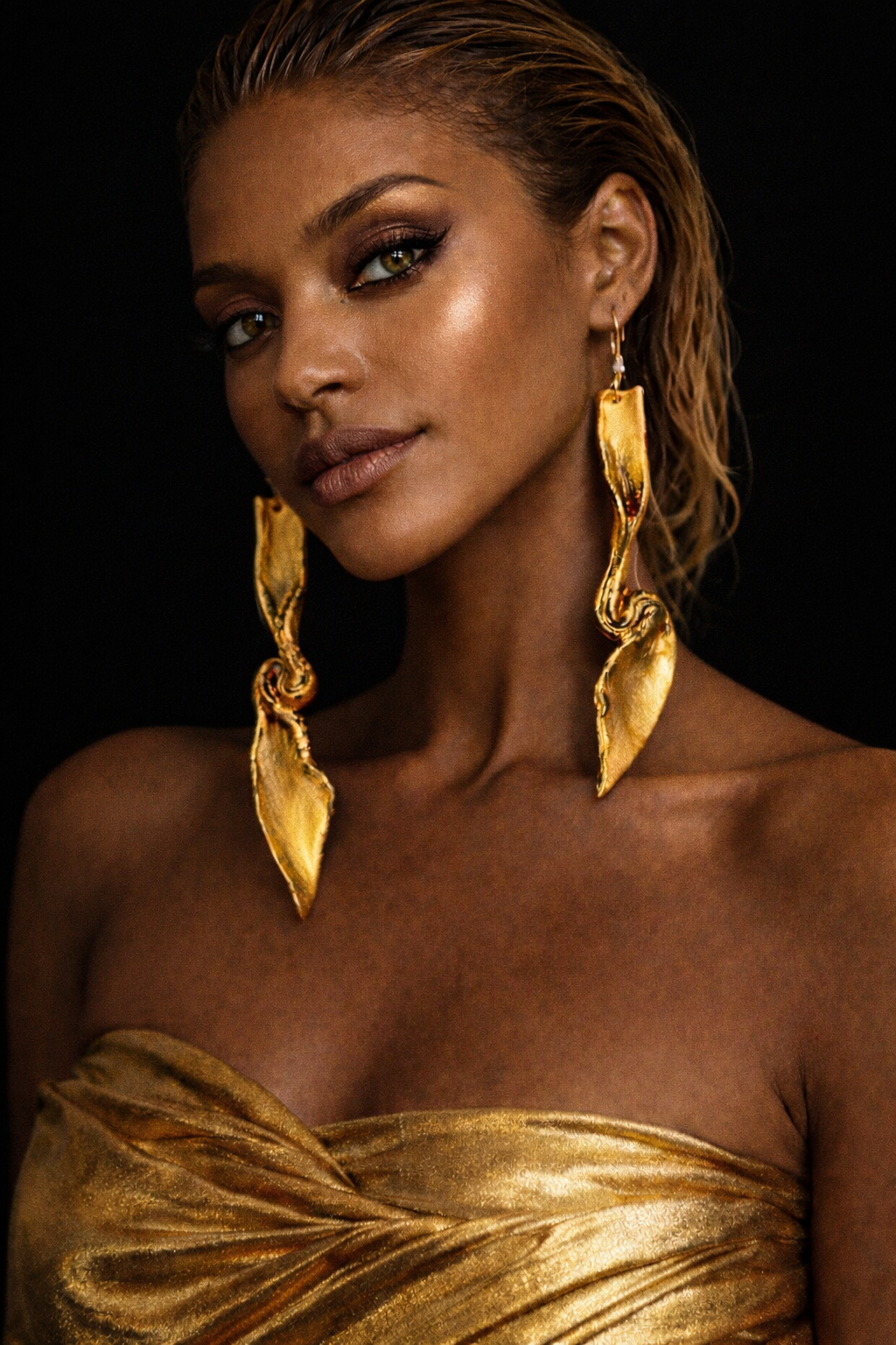 Copper Rose Gold Hand Sculpted Shoulder Duster Pierced Earrings