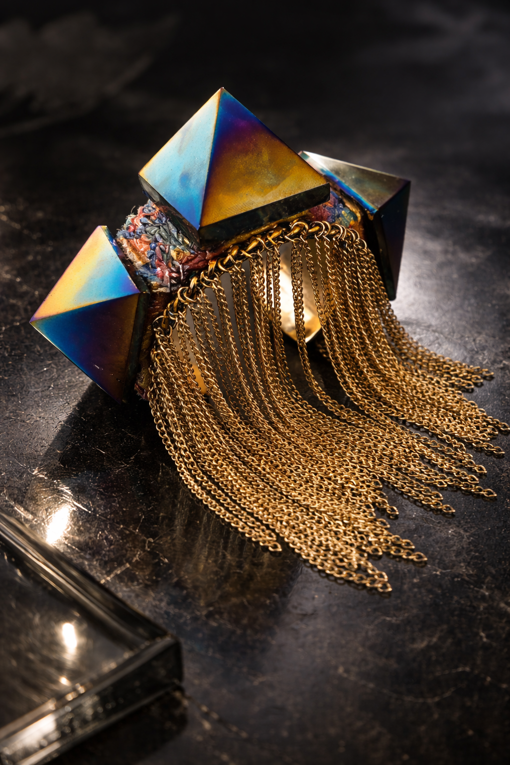 Rainbow Titanium Pyramid Statement Cuff - Chain Fringe