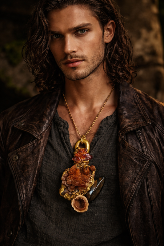 Raw Sculpted Gemstone Pendant - Tiger's Eye Geode & Quartz