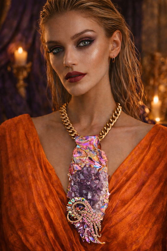 Sculpted Rough Amethyst Statement Pendant With Bold Gold Tone Chain