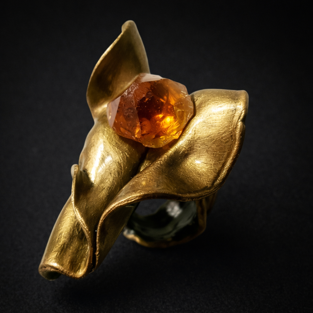 Sensuous Sculpted Faux Golden Bronze Statement Ring & Citrine Point