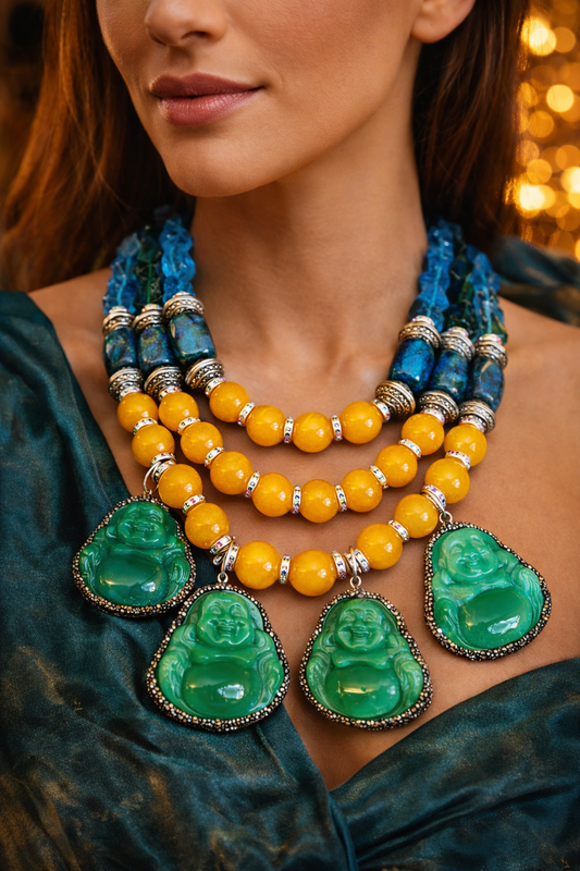 Green Blue & Yellow Gemstone Necklace & Buddha Dangles - OOAK Couture