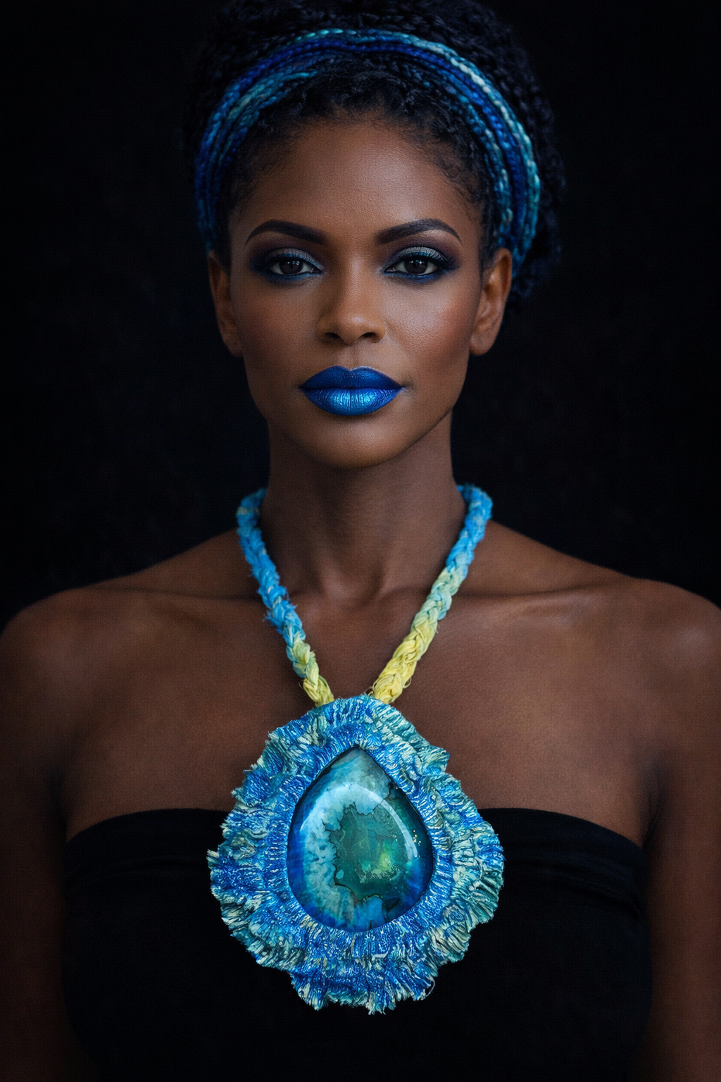 Emerald Green Druzy Agate Pendant & Sari Silk Braid - OOAK