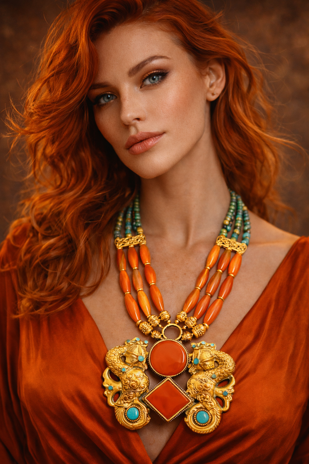 Double Brass Tibetan Seahorse & Gemstone Chest Piece - Bold Unisex