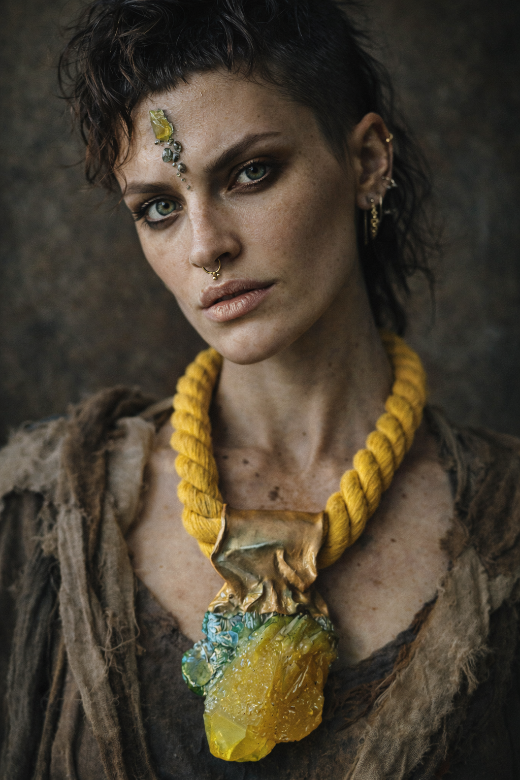 Rough Yellow Green Aura Quartz Sculpted Pendant on a Thick Yellow Rope