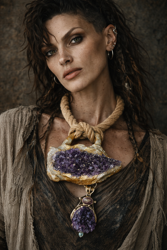 Raw Amethyst & Blue Topaz Unisex Chest Piece - Hemp Rope