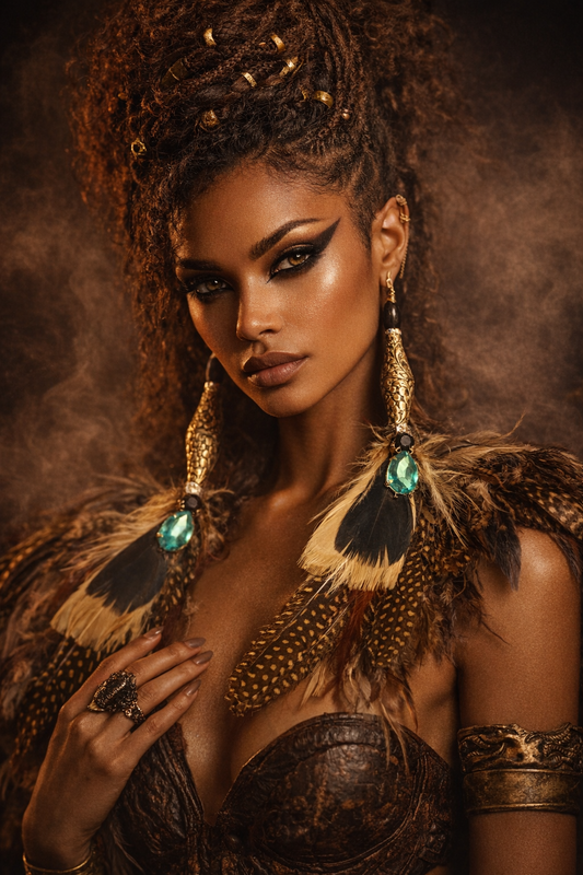 Tibetan Repousse Brass & Feather Shoulder Duster Pierced Statement Ear