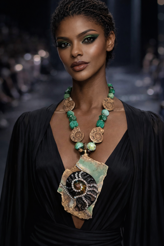 Chrysoprase Slab Ammonite Rhinestone Statement Pendant - Couture