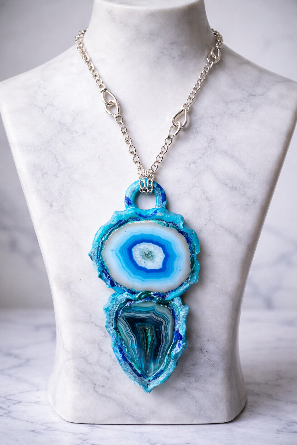 Blue Green & White Sculpted Agate Totem Pendant - Unisex